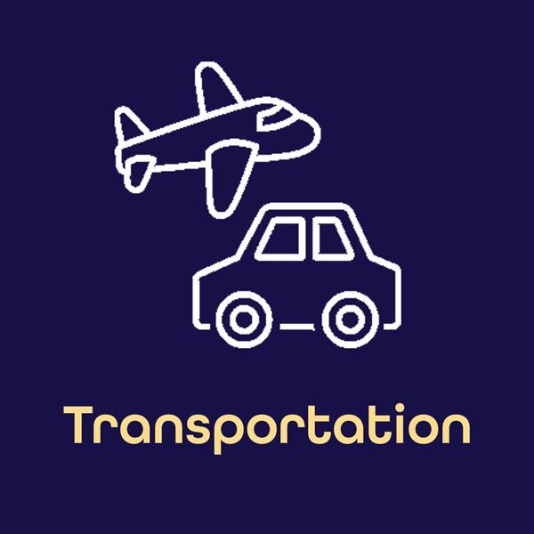 Navy blue square with a white plane & car icon with the word Transportation in gold  