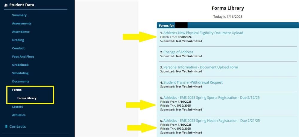 Athletics forms in Genesis Parent Portal